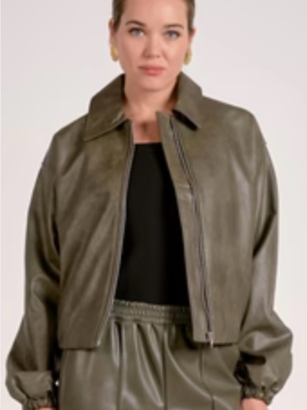 Elan Faux Leather Cropped Bomber Jacket Olive Green SZ L